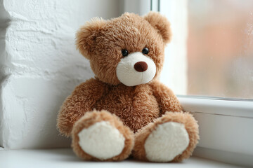 Obraz premium Teddy bear sitting on a window sill during daytime