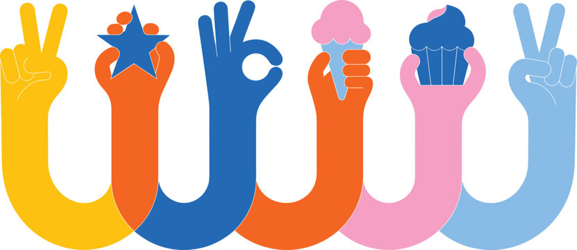 Colorful set of human hands making peace signs okay gestures holding star ice cream and cupcake in flat style.
