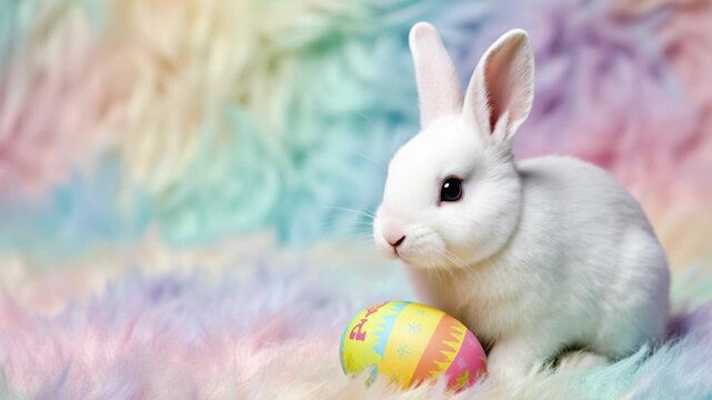 Little bunny with Easter egg on blurred furry pastel background