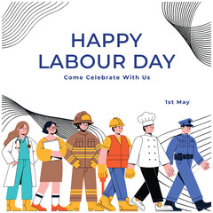 Obraz premium Happy labour day come celebrate with us, diverse group of professionals walking on white background.