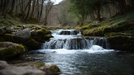 Obraz premium Cascading waterfall in a lush forested environment