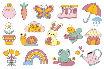 Fototapeta premium Spring collection with cute chick bunny snail bee and floral elements for seasonal design.