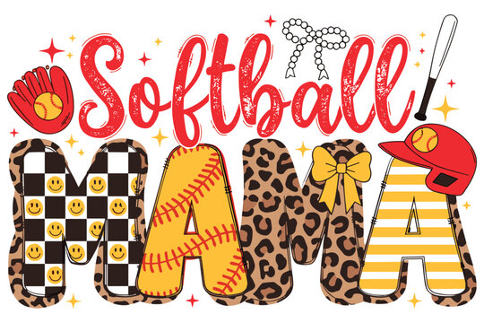 Softball mama typography design with leopard print and checkerboard patterns for athletes.