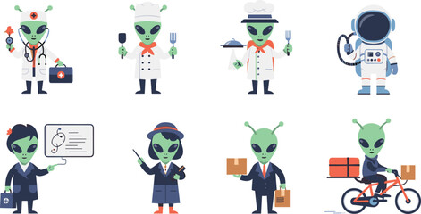 Fototapeta premium Cute Alien Professions Vector Set with Doctor, Chef, Teacher, Astronaut, Businessman and Delivery Worker Cartoon Characters Collection