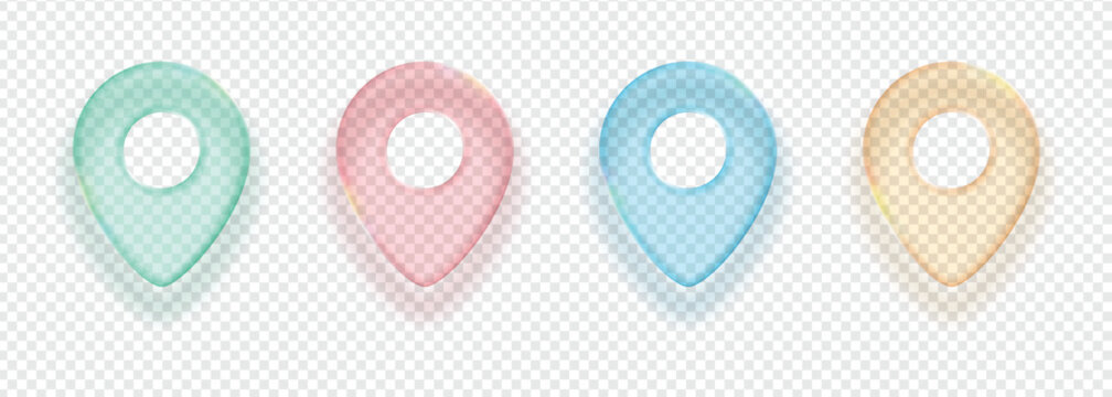 Glassmorphism map pin set with colorful translucent pointers futuristic navigation UI elements for mobile apps and web design