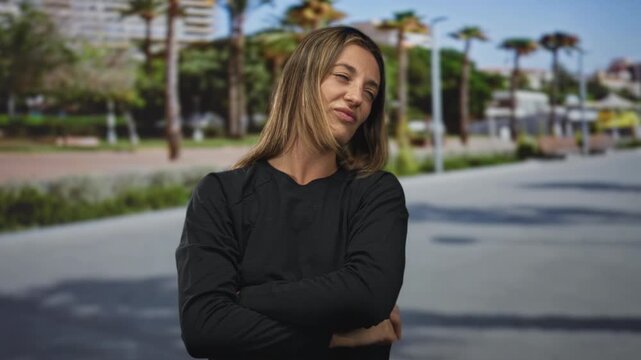 Young blonde woman shows middle finger with folded arms on a sunny palm lined street by a promenade, closeup framing with intentional gesture; defiance.