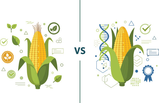Organic vs Genetically Modified Corn Comparison Vector Illustration with GMO DNA Symbol, Natural Farming Elements and Agricultural Concept Design