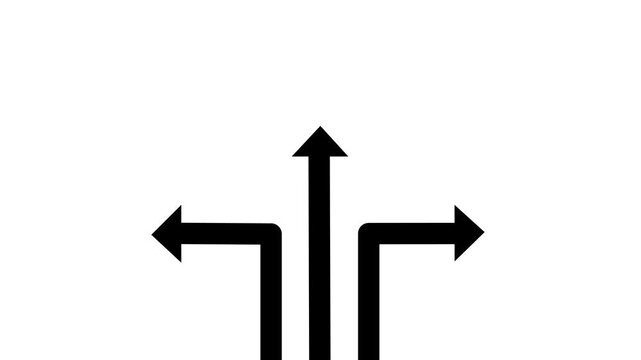 black Three-Way Arrow Animation Loop: Animated Directional Pointers on White Background, Business Choice and Decision Concept, 2D Graphic for Strategic Growth, Success Path, and Navigation Transitions