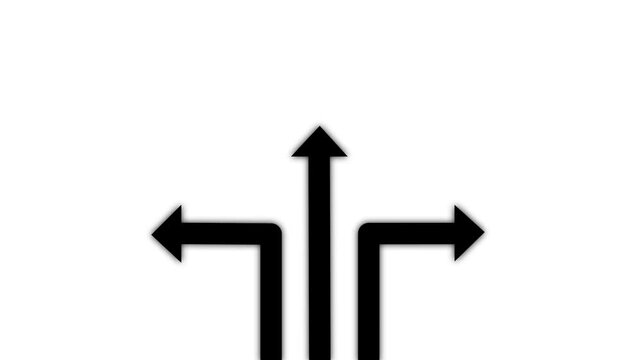 black Three-Way Arrow Animation Loop: Animated Directional Pointers on White Background, Business Choice and Decision Concept, 2D Graphic for Strategic Growth, Success Path, and Navigation Transitions