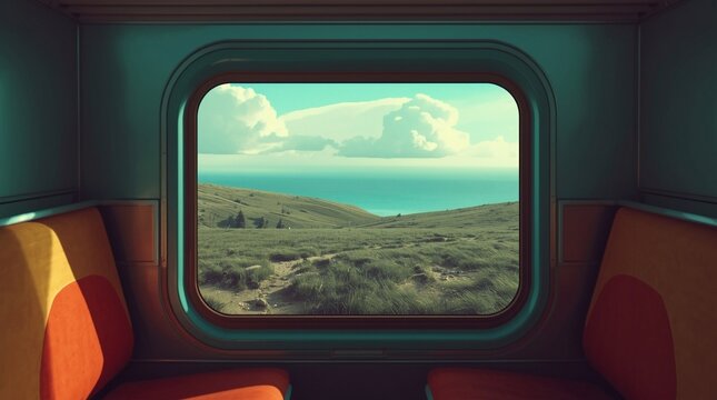 Surreal retro train compartment framing a coastal grassland and turquoise sea like a cinematic collage window