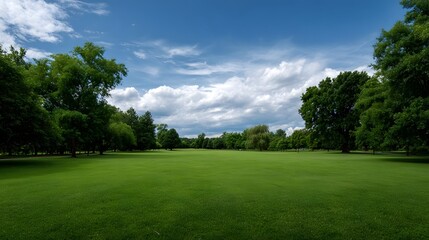 Fototapeta premium A panoramic view of a lush green park lawn with mature trees under a blue sky with white clouds