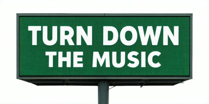 Green sign displays white text requesting music volume reduction. Simple message against dark background. Clear, direct communication.