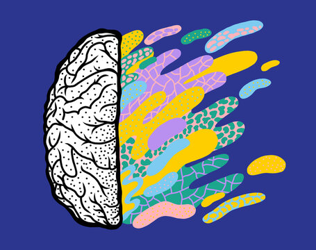 Black and White Brain with Colorful Abstract Shapes, Creativity Concept on Blue Background