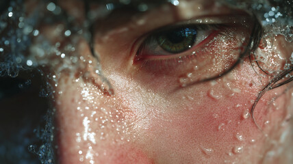 Fototapeta premium Nonbinary person with water droplets at sunset, ultra-realistic art