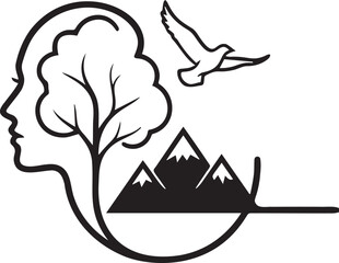 Fototapeta premium Human head profile with tree mountains and bird in nature.
