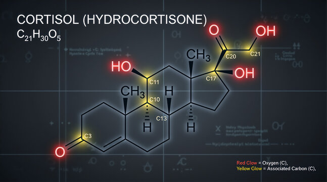Chemical structure of cortisol molecule. Digital illustration of hydrocortisone skeletal formula with glowing atoms on dark background. Science and biochemistry concept