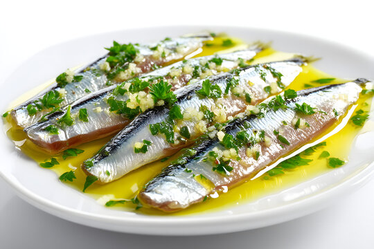 Neat Arrangement of Spanish Boquerones en Vinagre Isolated on White Background