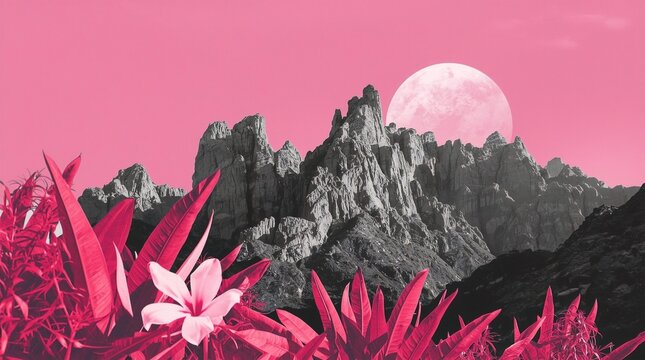 Surreal collage landscape with grayscale jagged mountains, oversized pink moon, and vibrant magenta tropical foliage in the foreground