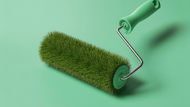 A creative product photograph of a green paint roller with grassy texture on a mint surface