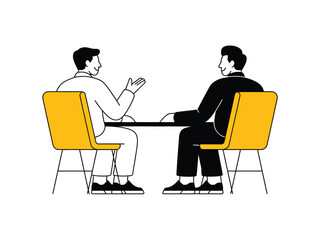 Fototapeta premium Two businessmen sit opposite each other at a table having a serious one on one professional.