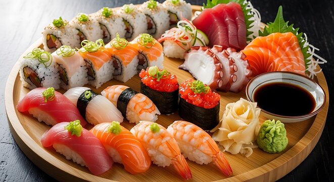 Sushi platter assorted japanese food dish restaurant concept