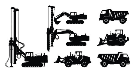 Obraz premium Construction machinery including cranes excavators and trucks in dark silhouette