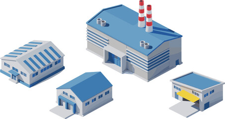 Fototapeta premium Isometric Industrial Factory Buildings Vector Set with Warehouses, Manufacturing Plants, Smokestacks and Small Production Facilities Isolated Illustration Collection