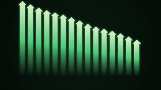 Financial paradox concept: decreasing bar chart of upward pointing green arrows