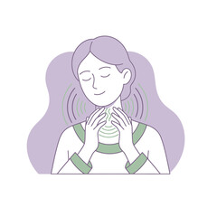 Obraz premium Woman Gently Touching Her Neck with Eyes Closed.