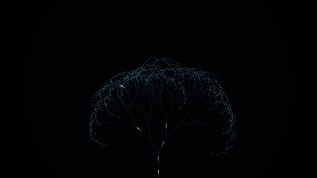 Digital tree expanding with luminous connections in a dark abstract space, conceptual visualization of growth and networks.
