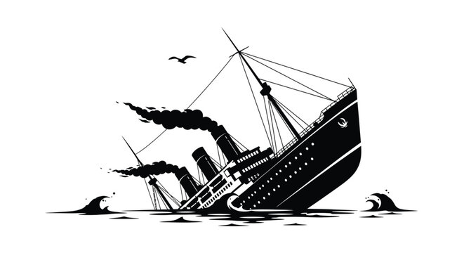 Sinking ship illustration with waves and a bird a dramatic black silhouette