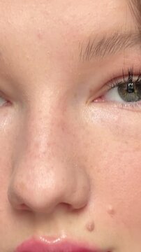 Happy smiling fashion model close up. Elegant female with perfect skin and pink glossy lips. Bright positive emotional lady. Fun Joyful Caucasian Woman. Skincare cosmetology beauty concept background