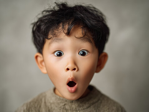 surprised child expression, portrait of a young child with a surprised expression, showing wide eyes and an open mouth against a neutral background