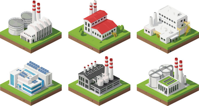 Isometric Industrial Factory and Power Plant Buildings Vector Set with Solar Panels, Storage Tanks, Warehouses and Energy Production Facilities Collection