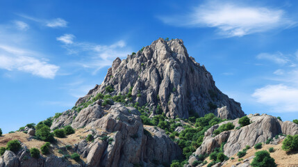 Fototapeta premium A majestic mountain peak rises against a vibrant blue sky with scattered white clouds, showcasing nature's rugged beauty and inspi awe and wonder in viewers.