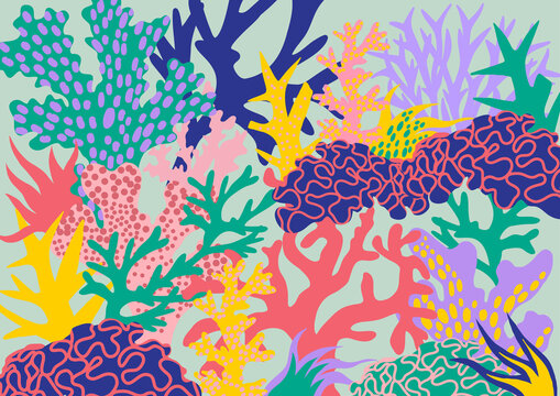Colorful Coral Wallpaper Featuring Abstract Coral and Seaweed Flora in Red, Blue and Purple Tones