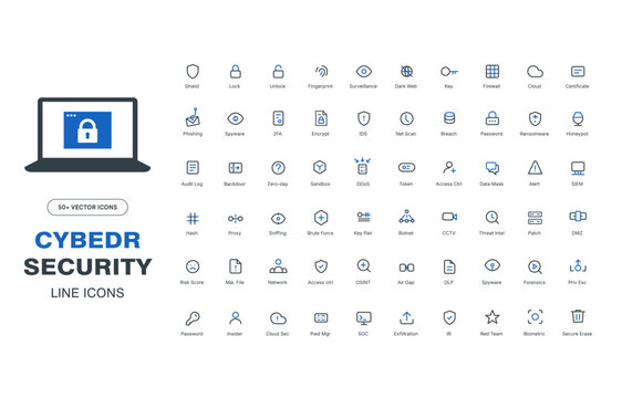 Cybersecurity line icons set for EDR and SIEM systems featuring threat detection, encryption, firewall, phishing, ransomware, cloud security, and network monitoring. Clean vector icons for UI.