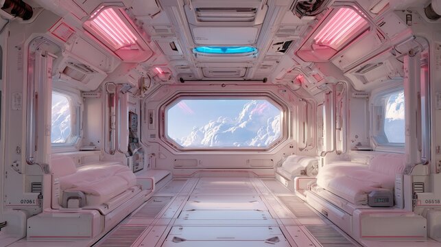 retro futuristic spaceship interior with neon lights and panoramic window