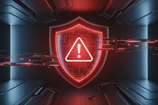 Cyber security shield icon with alert symbol glowing red in futuristic digital dark corridor space