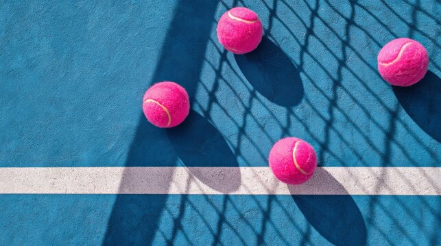Bright pink tennis balls scattered on a blue tennis court surface with a white line and shadows cast by a net in the background