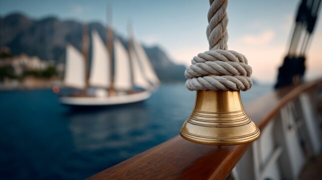 Close-up of a brass ship's bell with a rope knot, blurred sailing ship in the background against a coastal landscape and mountains