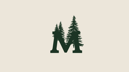 Naklejka premium Stylized letter M graphic with integrated pine trees, representing nature, wilderness, and outdoor themes on a light background