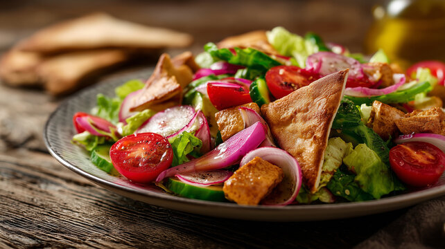 Lebanese fattoush vegan salad with tomatoes, onions, radishes, peppers, lettuce and pita on a plate