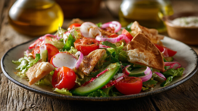 Lebanese fattoush vegan salad with tomatoes, onions, radishes, peppers, lettuce and pita on a plate
