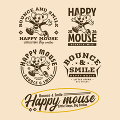 Obraz premium Vintage beige set of five typographic logo badges with cute cartoon mouse mascot, featuring phrases happy mouse and bounce and smile in brown ink, retro t shirt branding style