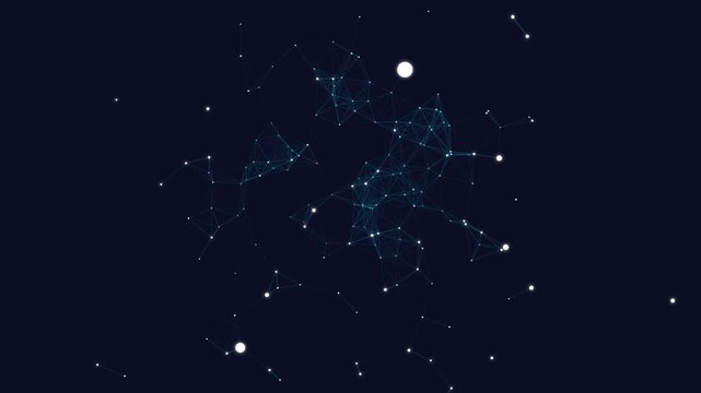 Dynamic digital network visualization: interconnected data points and lines expanding across a dark abstract space, representing global connections