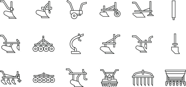 Collection of black-and-white line icons featuring plows, cultivators, harrows, seed drills, and soil-working farming tools arranged in grid design for agriculture industry illustration.