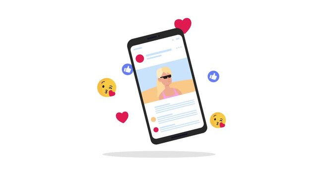 Animated Illustration of a Hovering Smartphone Displaying a Social Media Feed Surrounded by Floating Thumbs Up, Hearts, and Kissing Emojis Representing Online Engagement on a clean 4k white background