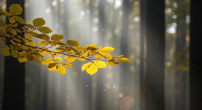 Golden Autumn Leaves Bathed in Sunlight in a Misty Forest.