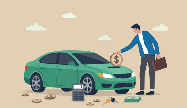 Car leasing or car loan, borrow money buy new car, rental auto maintenance cost debt, purchase buy new trend vehicle concept, businessman hand owner put car or dollar money coin into new car